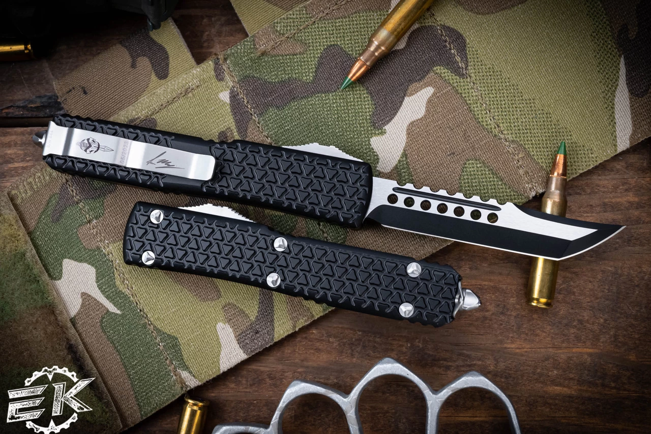 Microtech Ultratech Tri Grip Hellhound OTF Automatic Knife Blasted Hardware 3.4" Black Two Tone 119T-1EKS (EKnives EKclusive) - Image 2