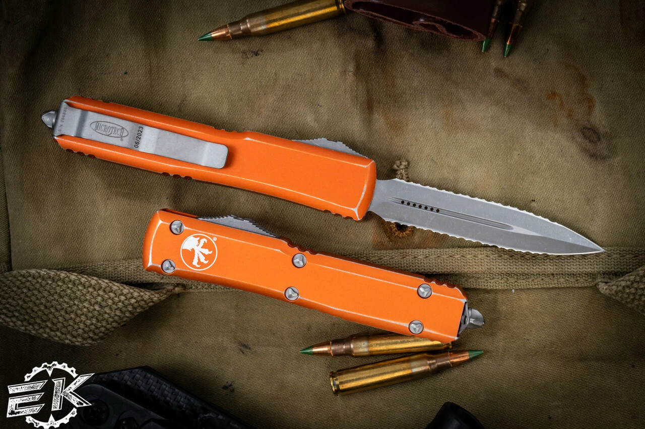 Microtech Ultratech Distressed Orange OTF Knife 3.4" Double Full Serrated 122-D12DOR - Image 2