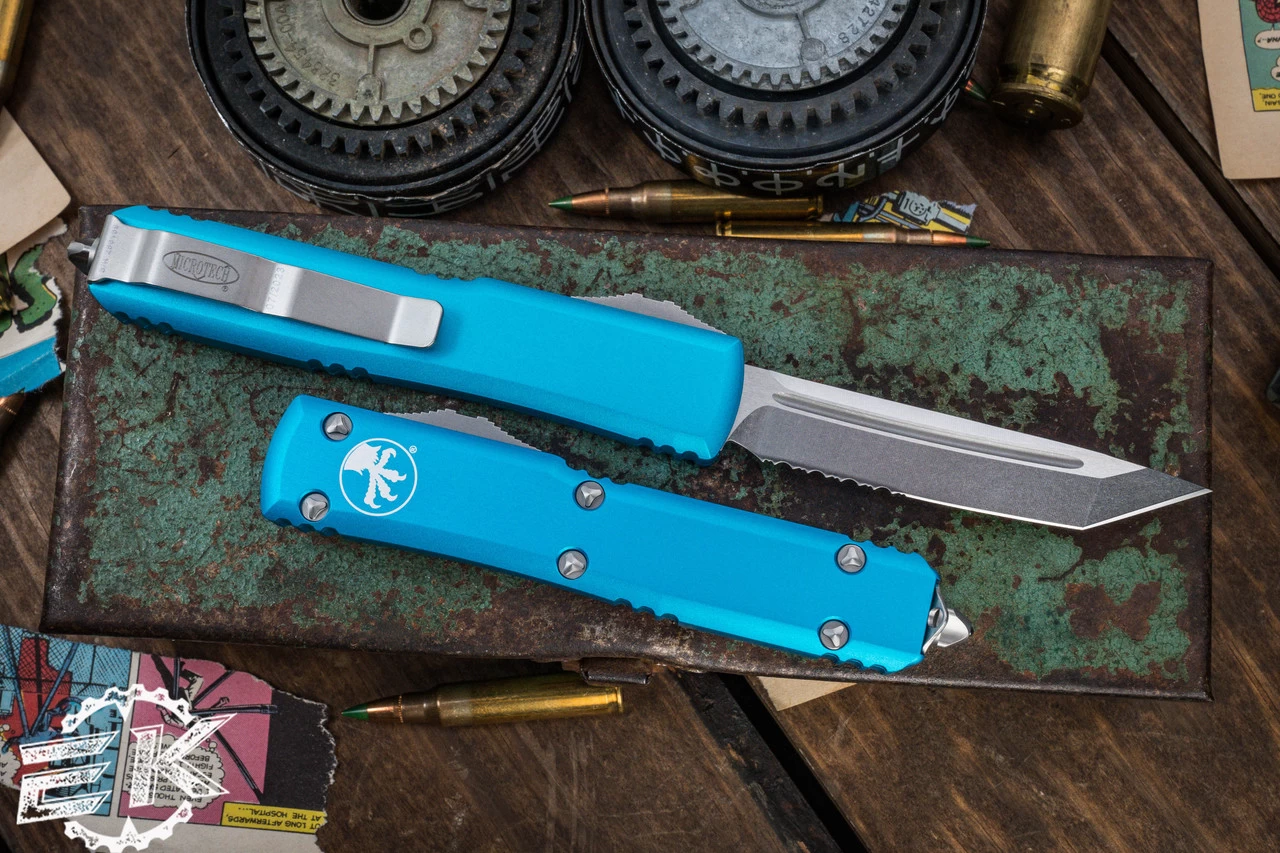 Microtech Ultratech OTF Automatic Knife Turquoise 3.4" Tanto Serrated Stonewash 123-11TQ - Image 2