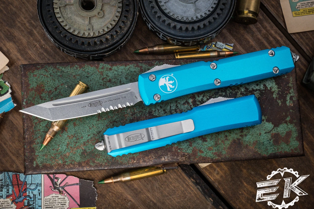 Microtech Ultratech OTF Automatic Knife Turquoise 3.4" Tanto Serrated Stonewash 123-11TQ