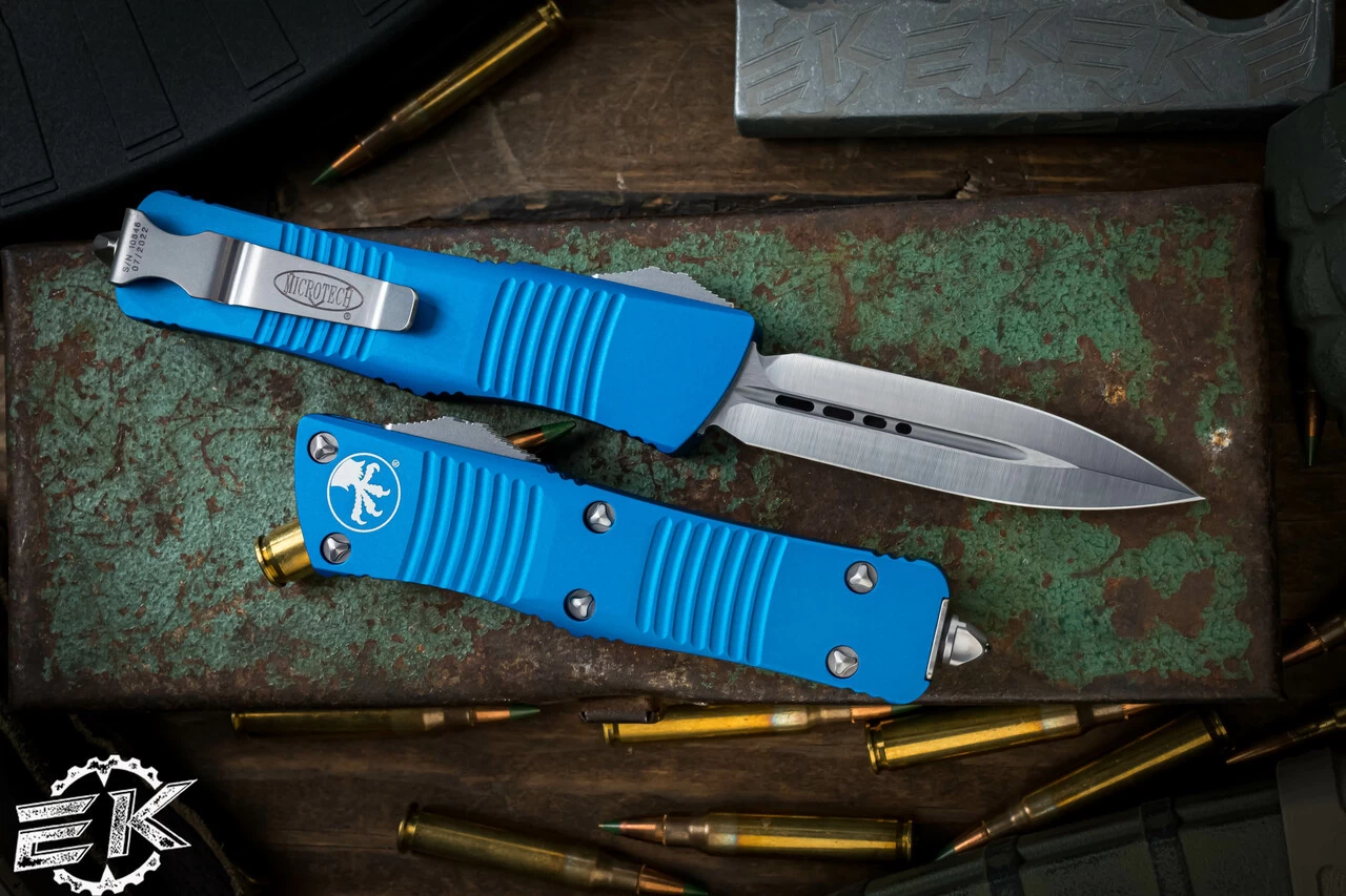 Microtech Troodon Blue OTF Automatic Knife D/E 3" Dagger Satin 138-4BL - Image 2