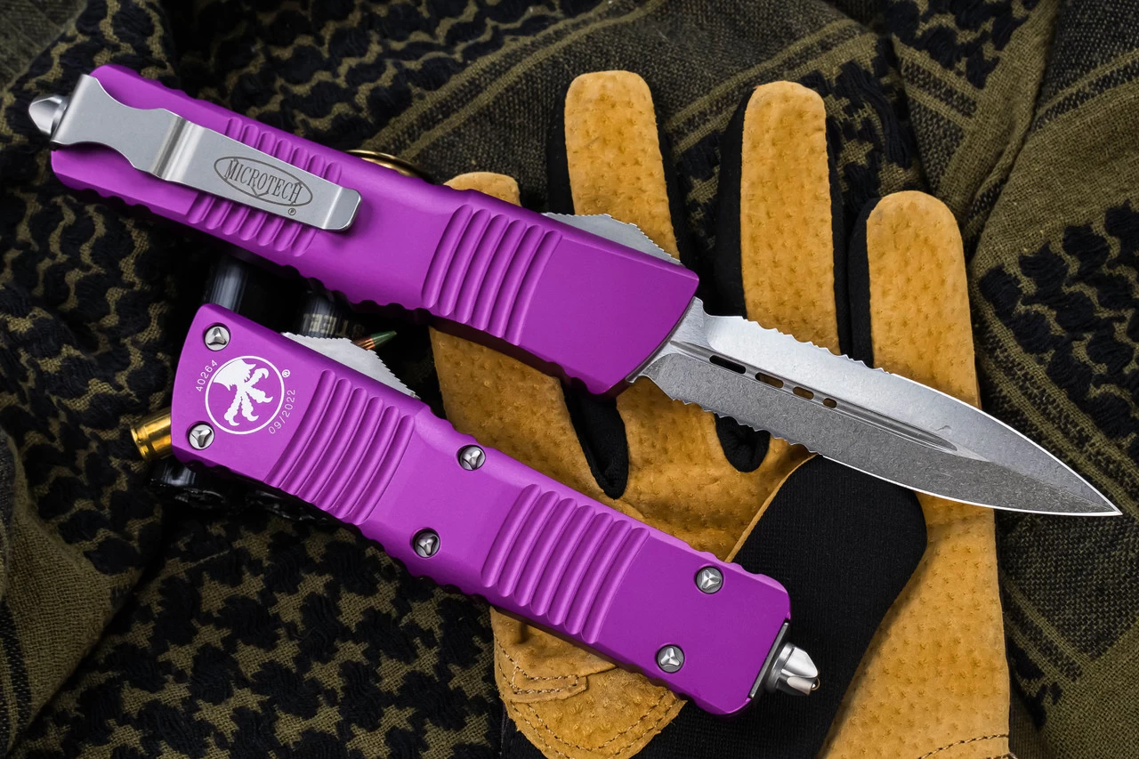 Microtech Combat Troodon OTF Automatic Violet 3.8" Dagger Stonewash Serrated 142-11VI - Image 2