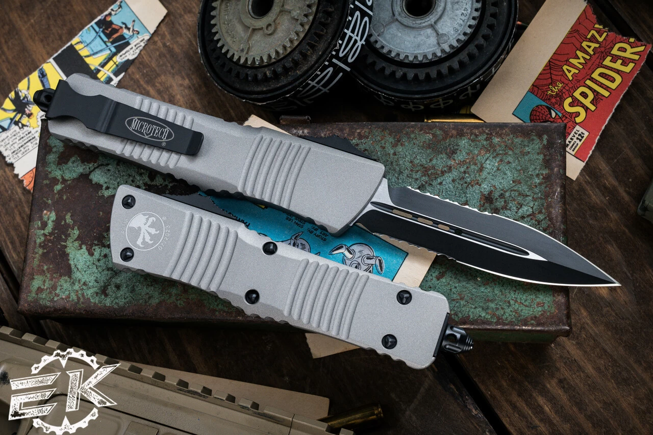 Microtech Combat Troodon OTF Automatic Knife Gray Aluminum 3.8" Dagger Black Serrated 142-2TG - Image 2