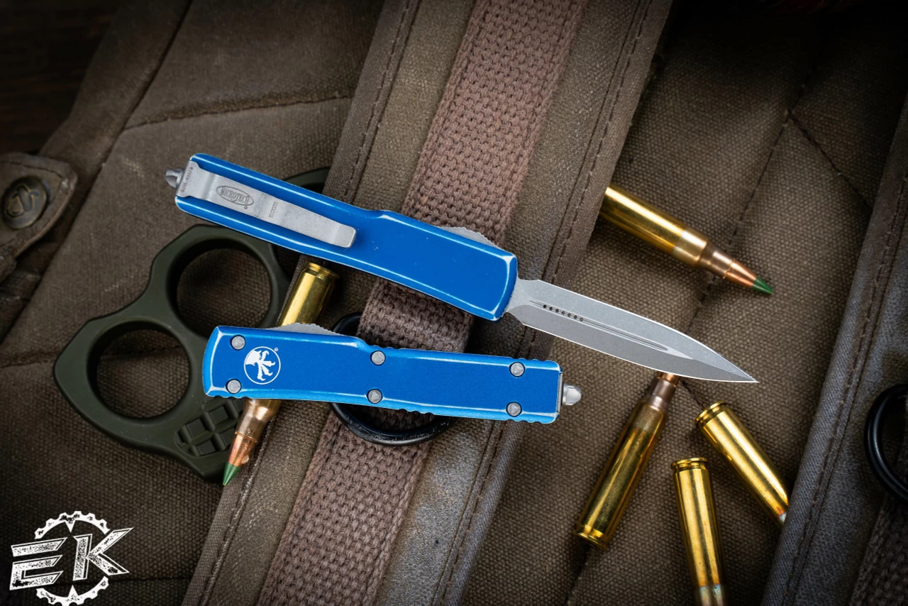 Microtech UTX-70 Distressed Blue OTF Automatic 2.4" Dagger Stonewash 147-10DBL - Image 3