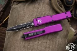 Microtech UTX-70 OTF Automatic Knife Violet 2.4" Dagger Serrated Black 147-2VI