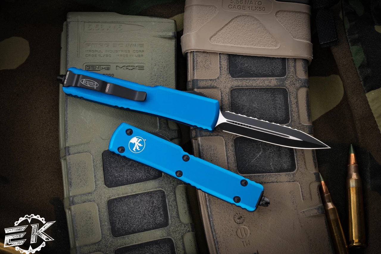 Microtech UTX-70 OTF Automatic Knife Blue 2.4" Dagger Black Serrated 147-3BL - Image 2