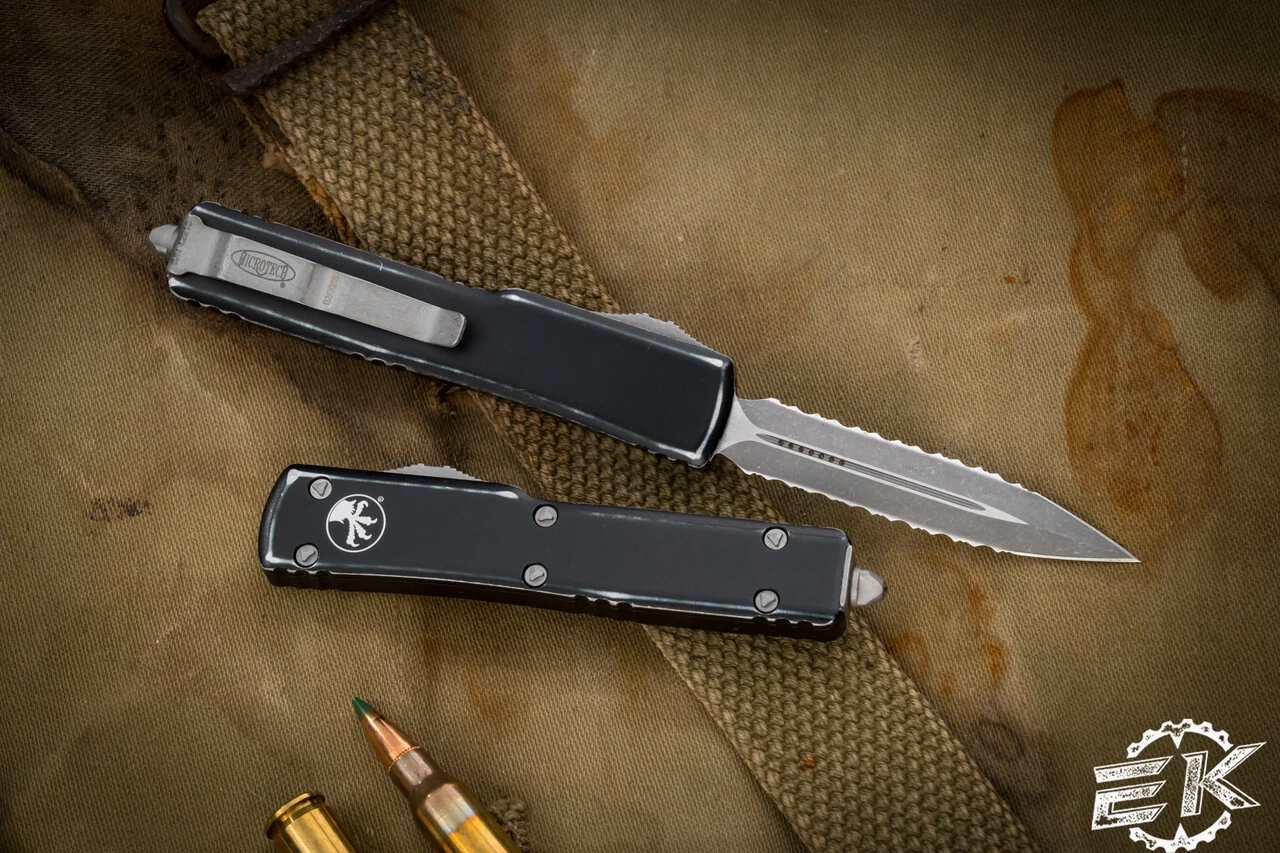 Microtech UTX-70 OTF Automatic Knife Distressed Black 2.4" Dagger Double Full Serrated Stonewash 147-D12DBK - Image 2