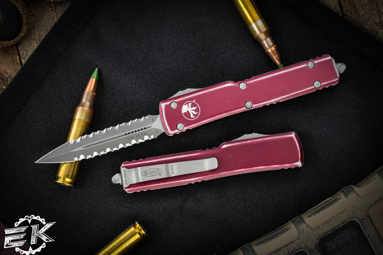 Microtech UTX-70 Distressed Merlot Red OTF Knife 2.4" Dagger Double Serrated Stonewash 147-D12DMR