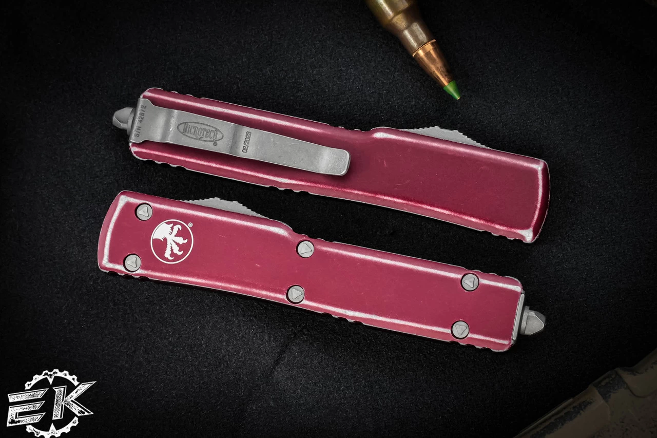 Microtech UTX-70 Distressed Merlot Red OTF Knife 2.4" Dagger Double Serrated Stonewash 147-D12DMR - Image 3