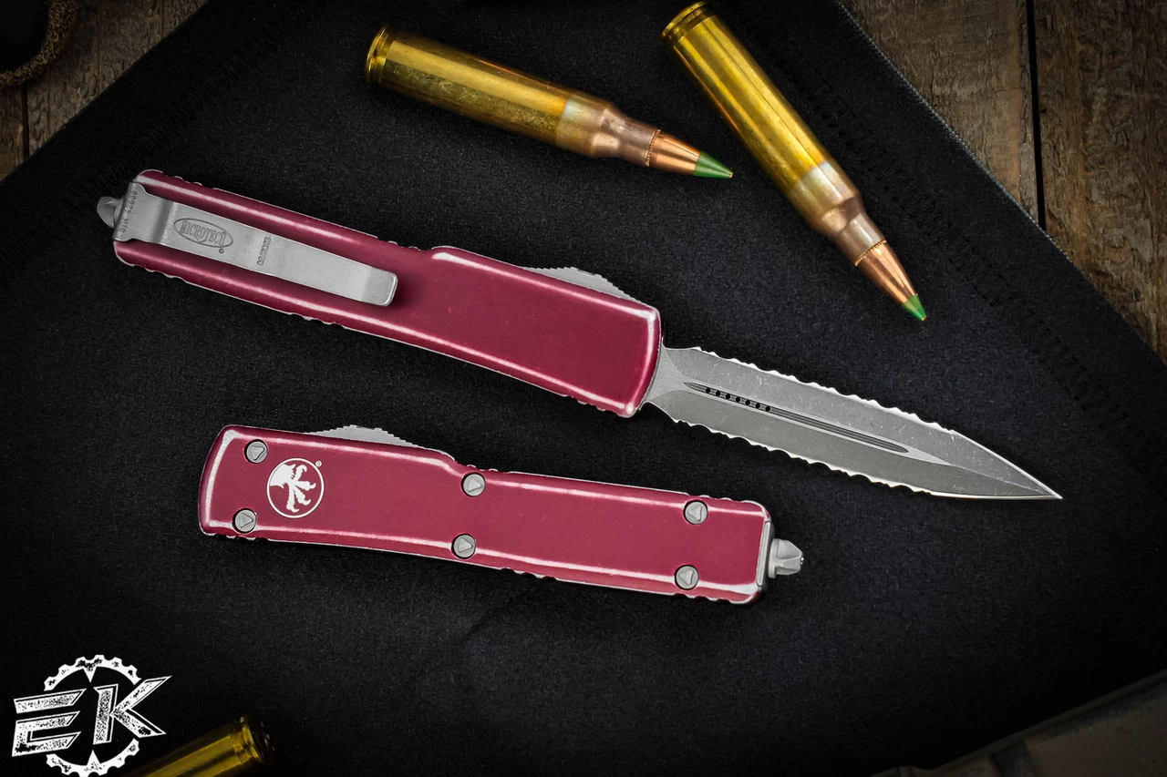 Microtech UTX-70 Distressed Merlot Red OTF Knife 2.4" Dagger Double Serrated Stonewash 147-D12DMR - Image 2
