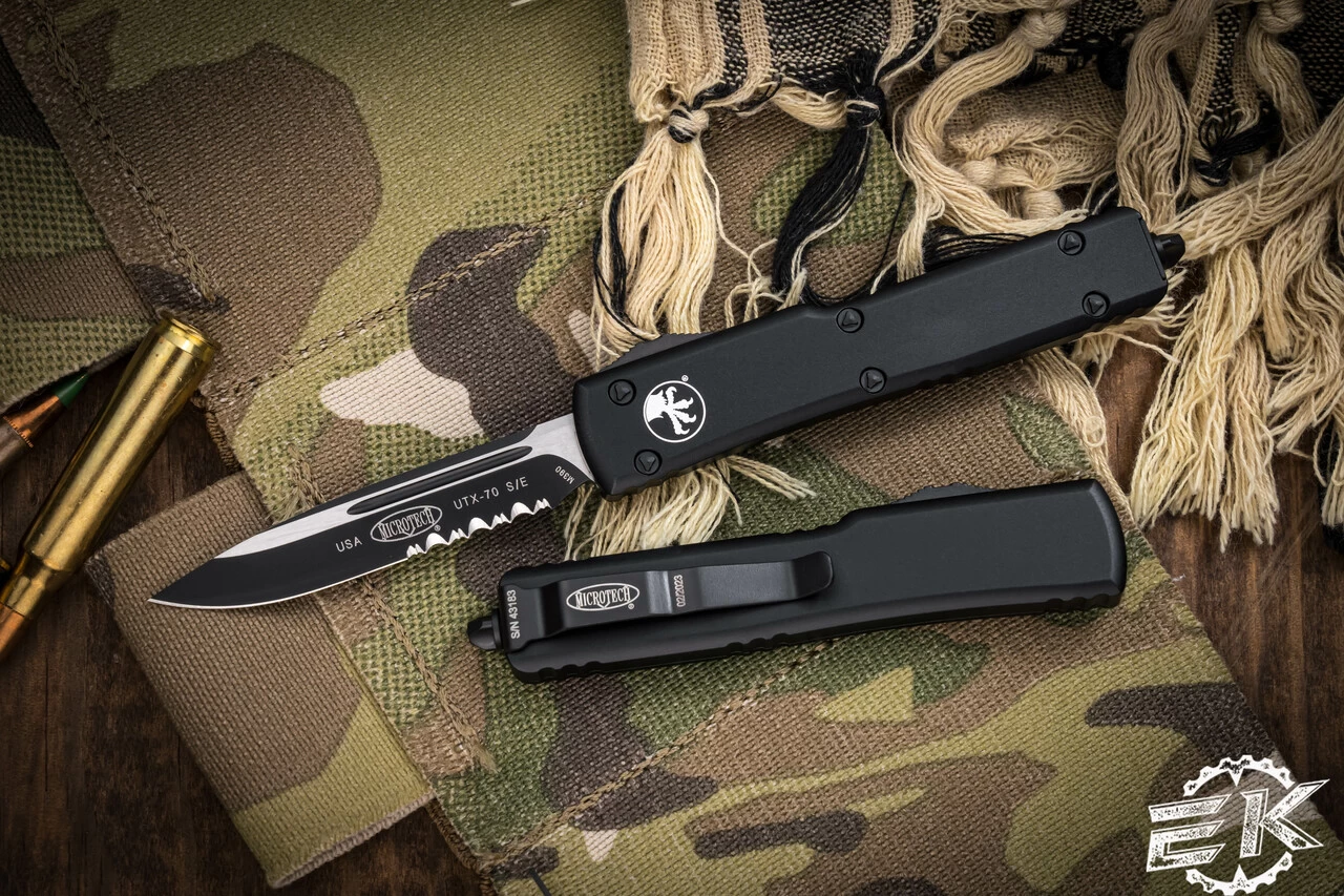 Microtech UTX-70 OTF Automatic Knife 2.4" Drop Point Black Serrated 148-2T