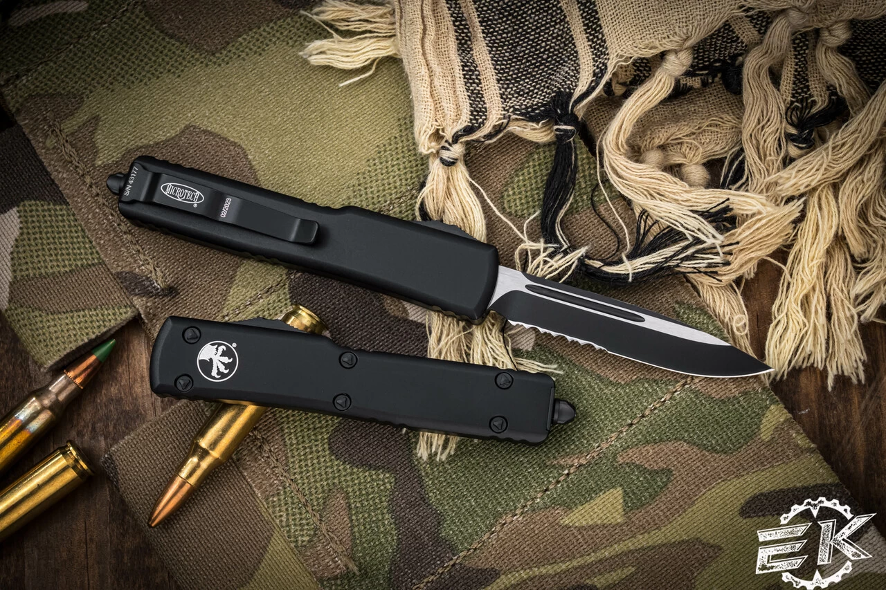 Microtech UTX-70 OTF Automatic Knife 2.4" Drop Point Black Serrated 148-2T - Image 2