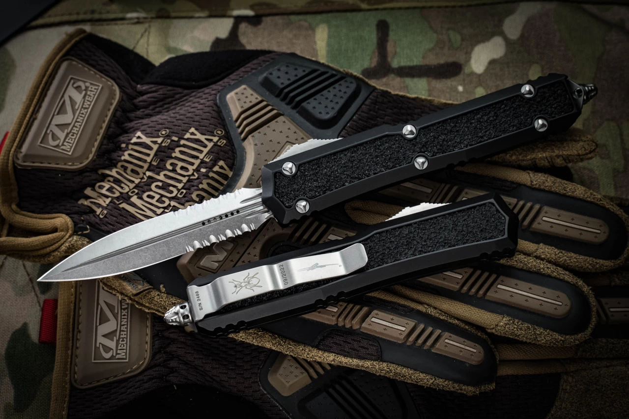Microtech Makora OTF Automatic Knife Black (Nickel Boron Internals) 3.25" Dagger Serrated Stonewash 206-11S