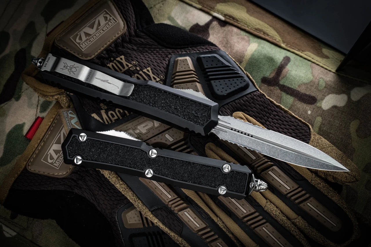 Microtech Makora OTF Automatic Knife Black (Nickel Boron Internals) 3.25" Dagger Serrated Stonewash 206-11S - Image 2