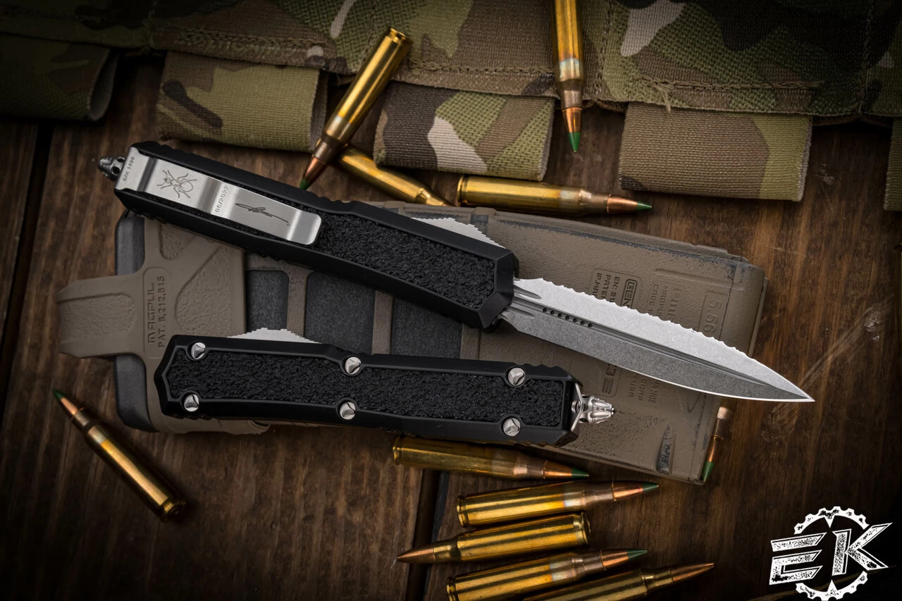Microtech Makora OTF Automatic Knife Black (Nickel Boron Internals) 3.25" Stonewash Dagger Serrated 206-12S - Image 2