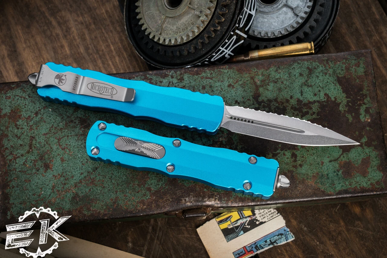 Microtech Dirac OTF Automatic Knife Turquoise 3" Dagger Stonewash Serrated 225-12TQ - Image 2