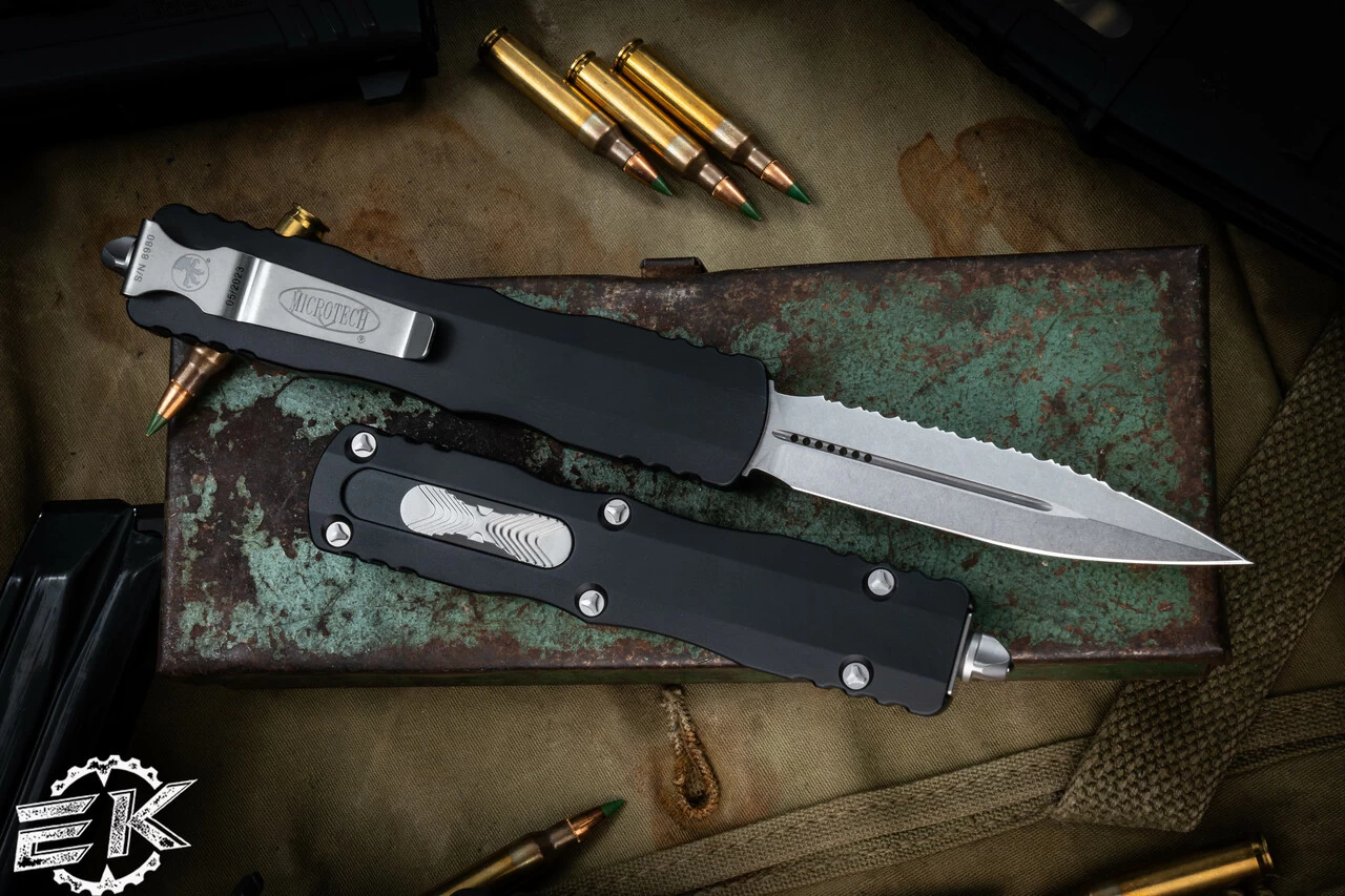 Microtech Dirac Delta OTF Automatic Knife Black 3.75" Dagger Stonewash Serrated 227-12 - Image 2