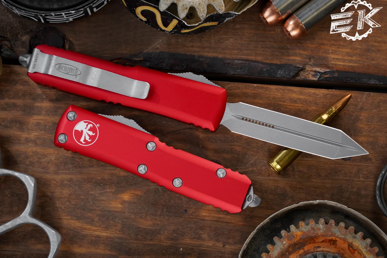 Microtech UTX-85 Spartan OTF Automatic Knife Red 3.1" Apocalyptic Stonewash 230-10APRD - Image 2