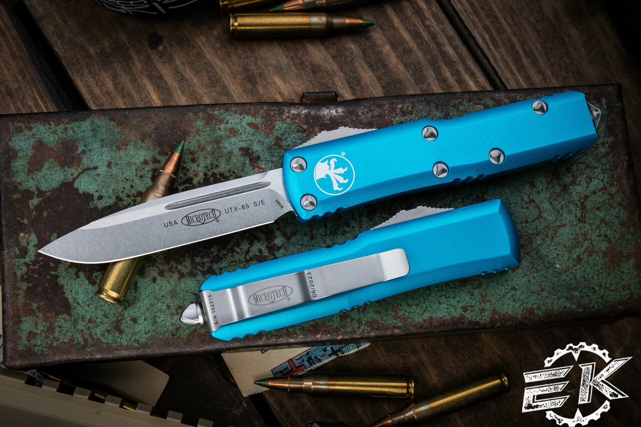 Microtech UTX-85 OTF Automatic Knife Turquoise 3.1" Drop Point Stonewash 231-10TQ