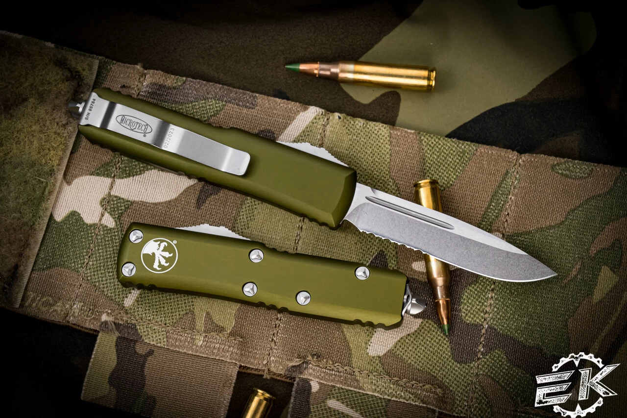 Microtech UTX-85 Green OTF Knife 3" Drop Point Stonewash 231-11OD - Image 2