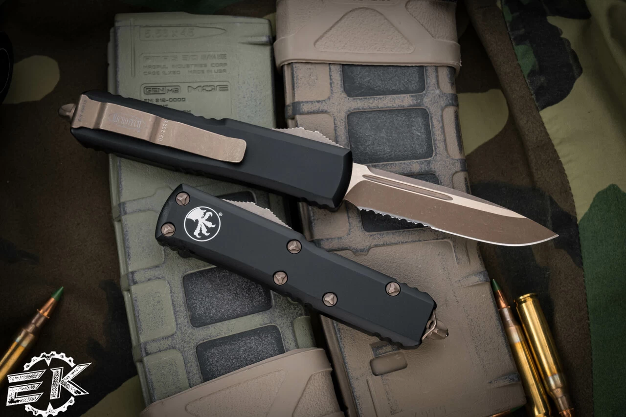 Microtech UTX-85 OTF Automatic Knife 3.1" Drop Point Bronze Apocalyptic Serrated 231-14AP - Image 2