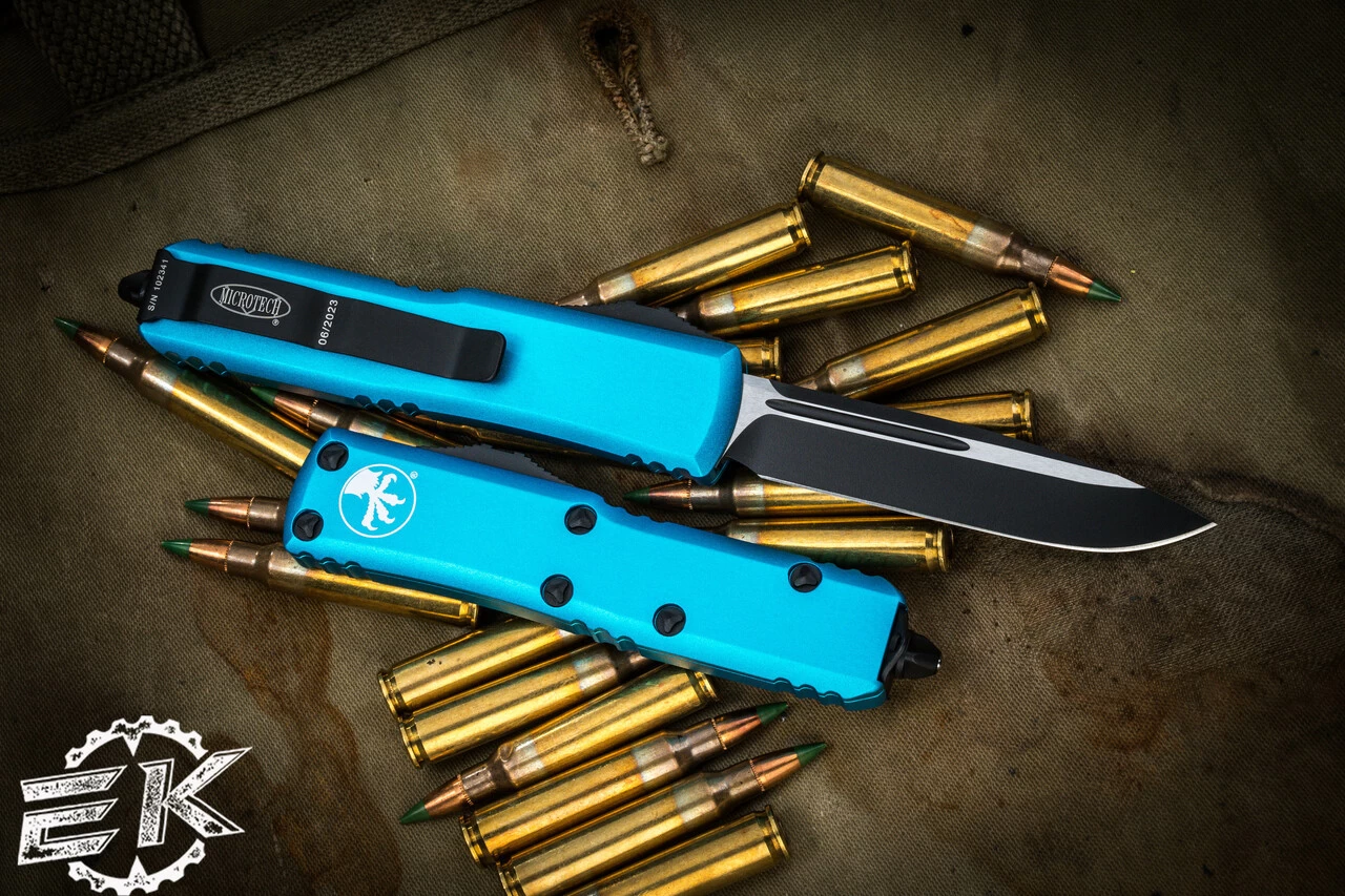 Microtech UTX-85 Turquoise OTF Automatic Knife 3" Black Drop Point 231-1TQ - Image 2