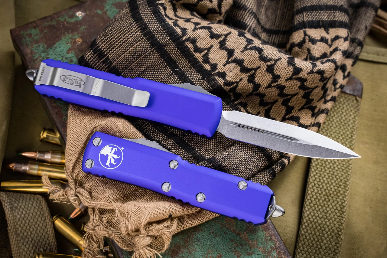 Microtech UTX-85 OTF Automatic Knife Purple 3.1" Dagger Stonewash 232-10PU - Image 2