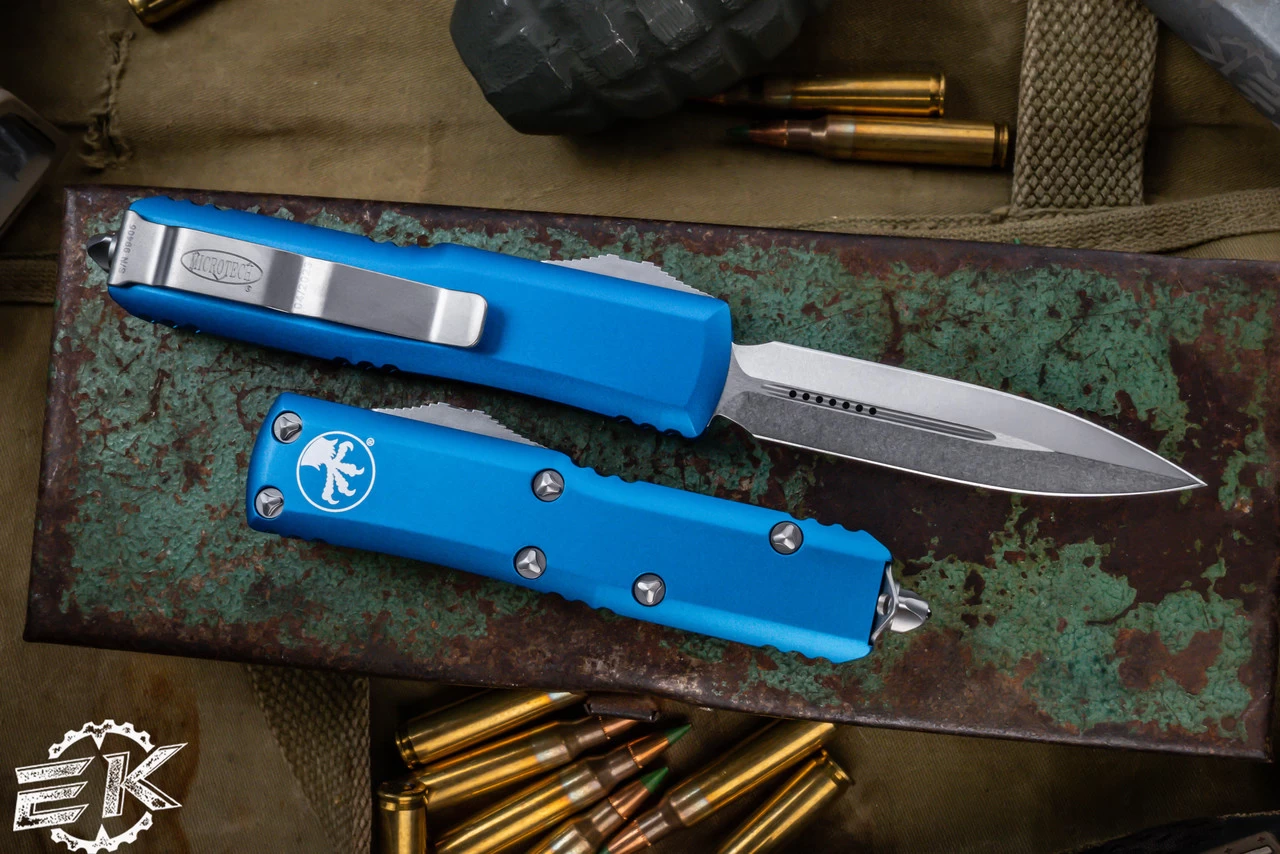 Microtech UTX-85 OTF Automatic Knife Blue 3.1" Dagger Stonewash 232-10BL - Image 2