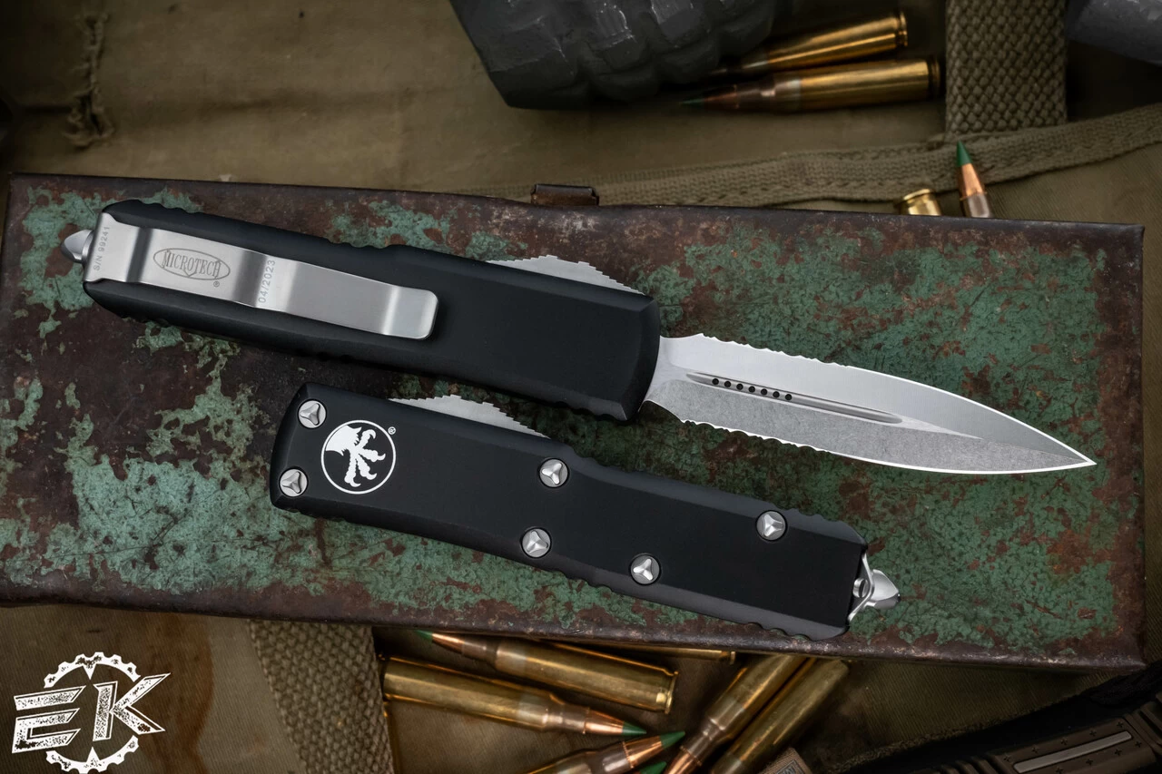 Microtech UTX-85 OTF Automatic Knife 3.1" Dagger Stonewash Serrated 232-11 - Image 2