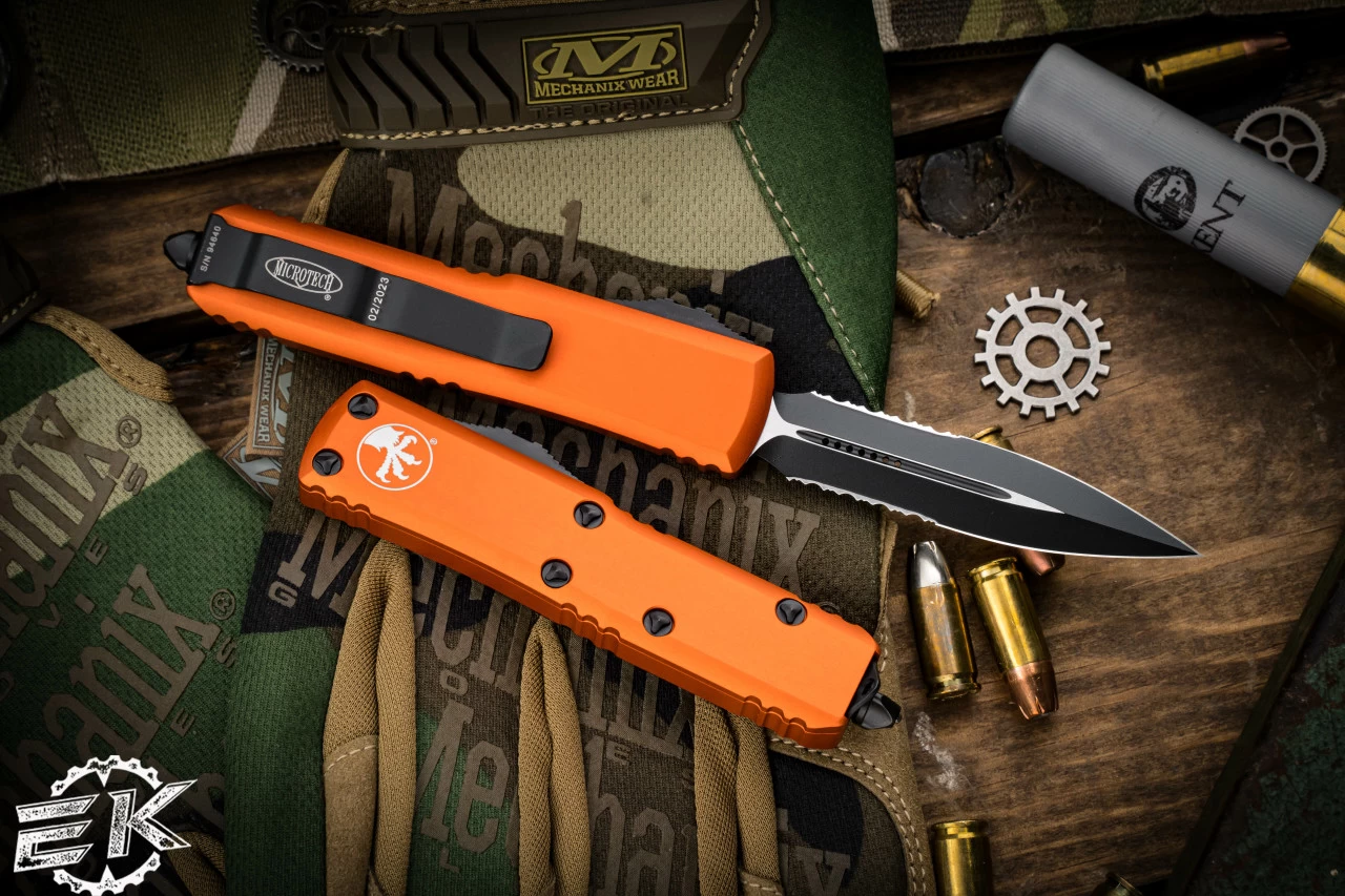 Microtech UTX-85 OTF Automatic Knife Orange 3" Dagger Serrated Black 232-2OR - Image 3