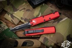 Microtech UTX-85 Red OTF Automatic 3" D/E Dagger Serrated Black 232-3RD