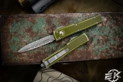 Microtech UTX-70 OTF Automatic Knife Distressed OD 2.4" Dagger Double Serrated Stonewash 147-D12DOD