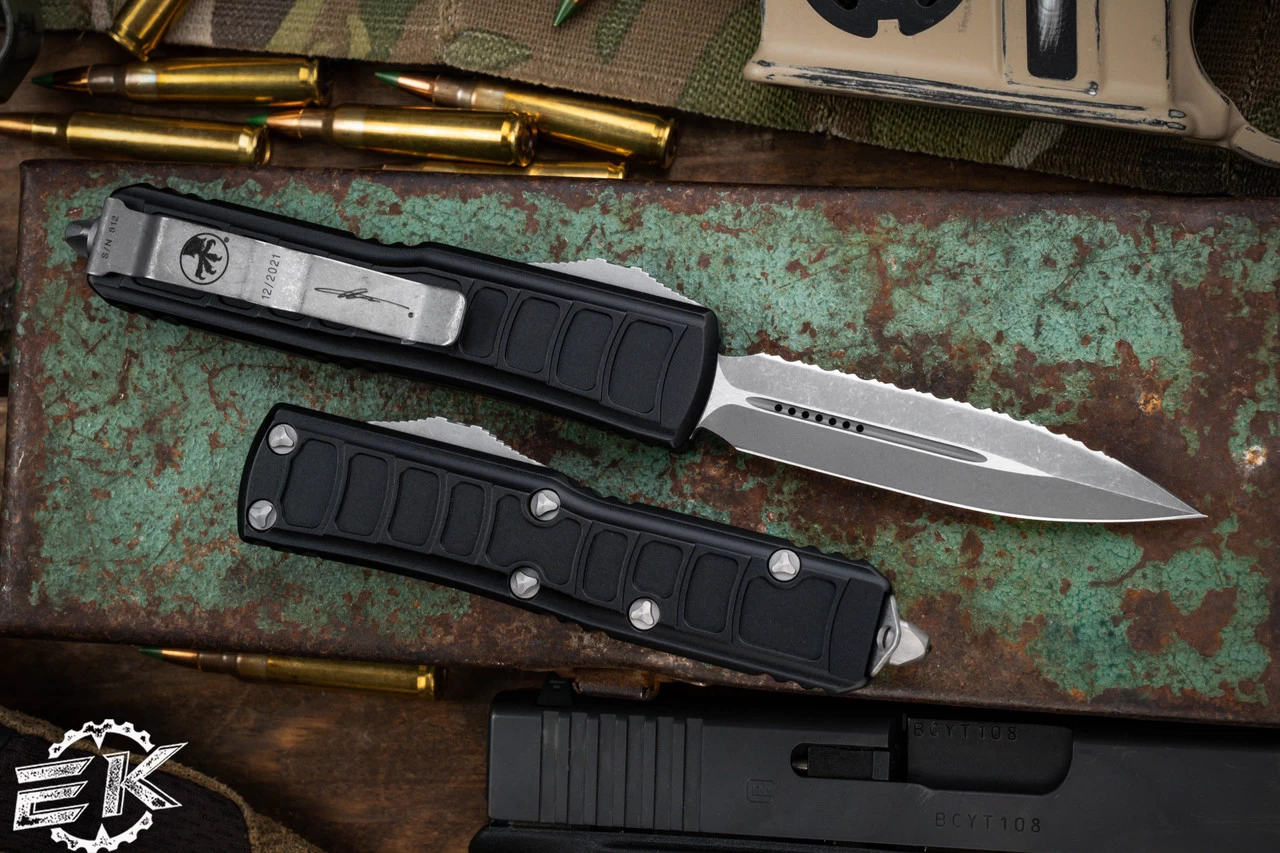 Microtech UTX-85 II Stepside OTF Automatic Knife 3" Dagger Apocalyptic Stonewash Serrated 232II-12APS - Image 2