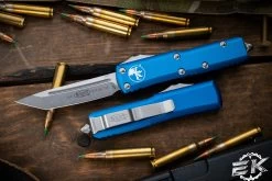 Microtech UTX-85 OTF Automatic Knife Blue 3.1" Tanto Stonewash 233-10BL