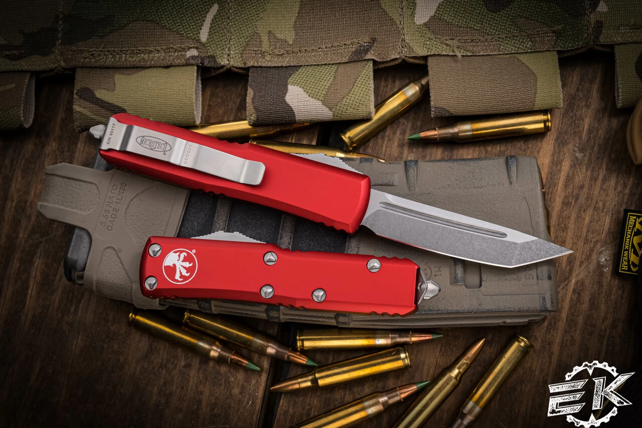 Microtech UTX-85 Red OTF Automatic Knife 3" Tanto Stonewash 233-10RD - Image 2