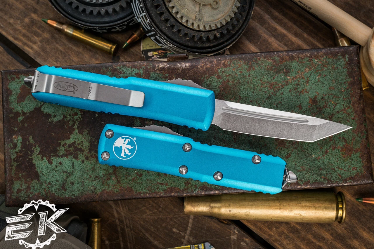 Microtech UTX-85 OTF Automatic Knife Turquoise 3.1" Tanto Stonewash 233-10TQ - Image 2