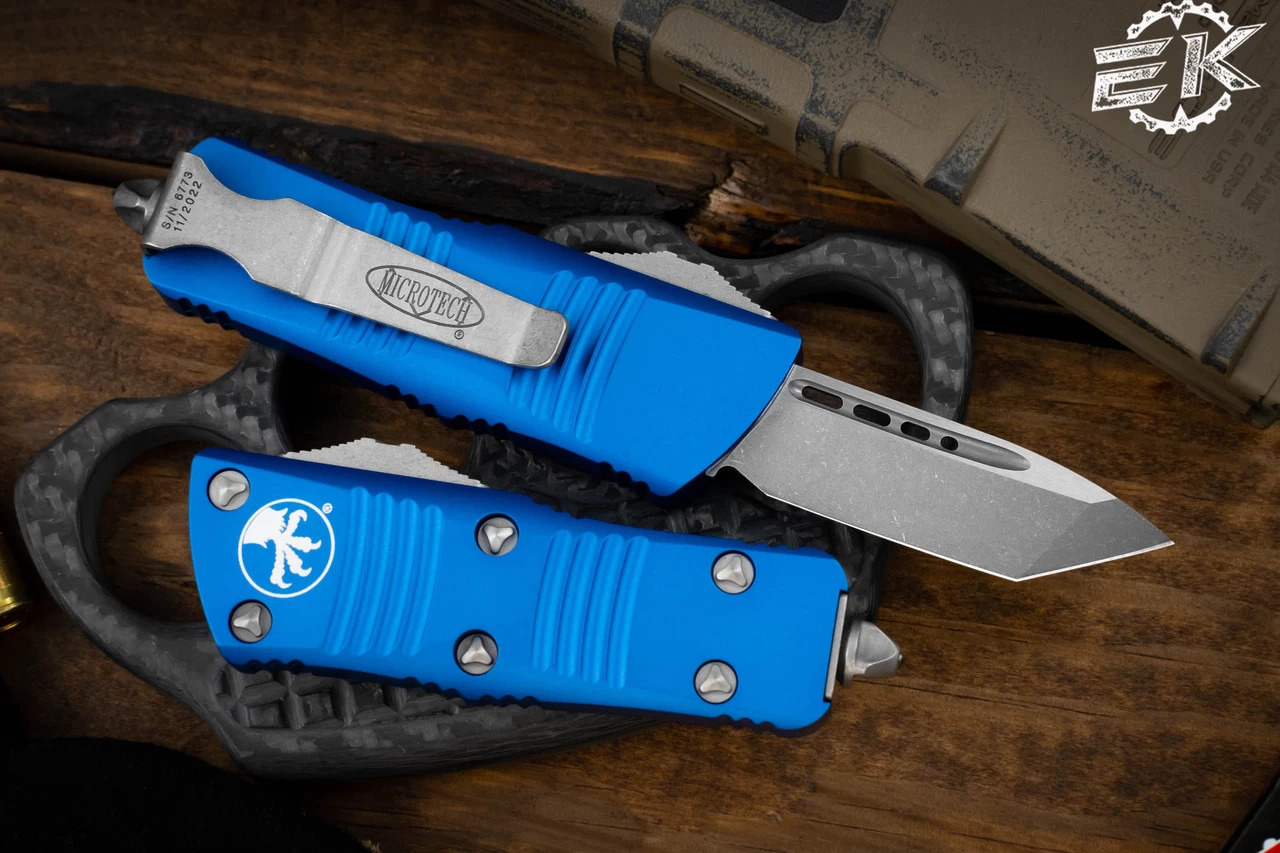 Microtech Troodon Mini Blue OTF Automatic Knife 1.9" Tanto Apocalyptic Stonewash 240-10APBL - Image 2