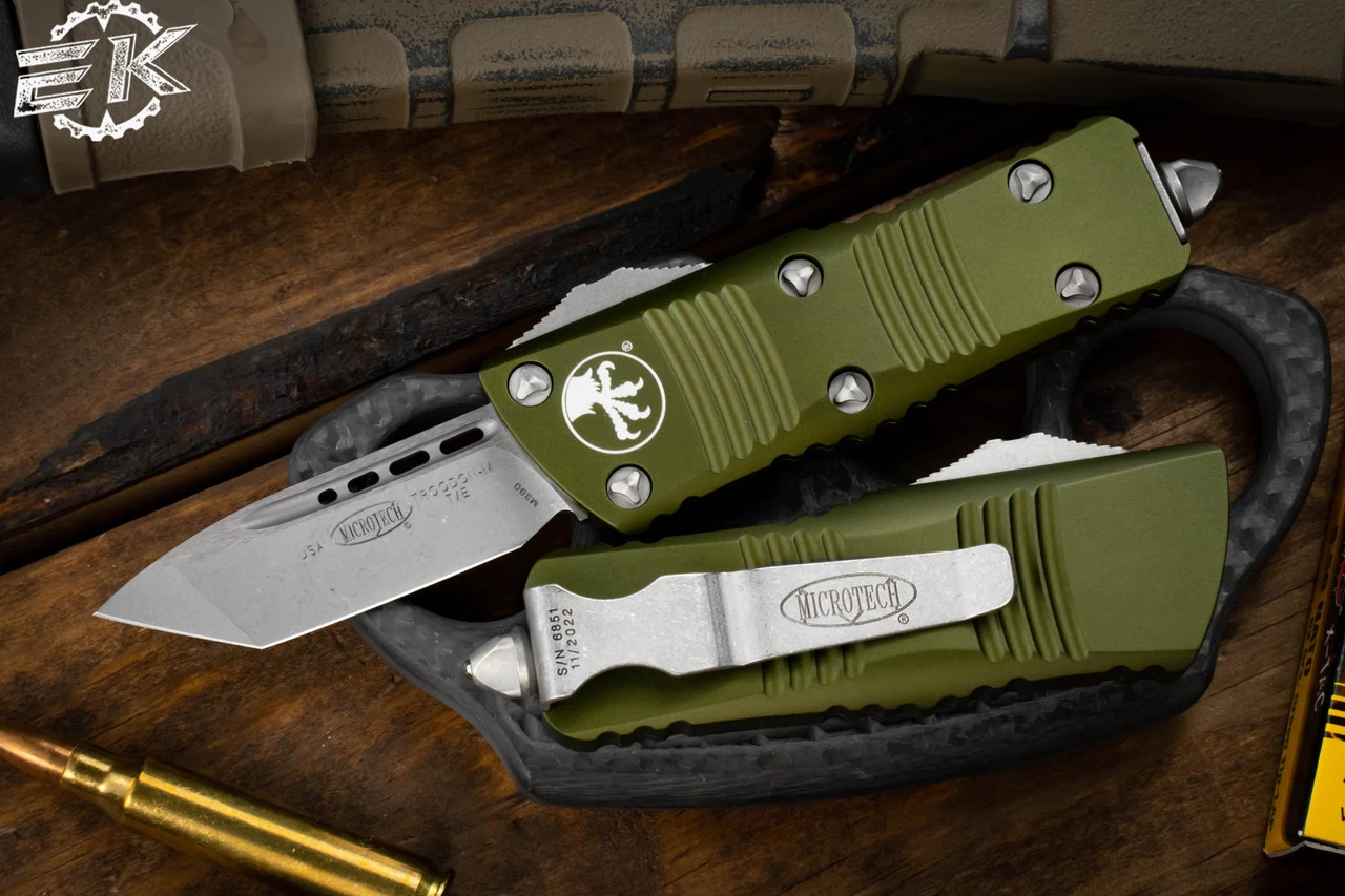 Microtech Troodon Mini OD Green OTF Automatic Knife 1.9" Tanto Apocalyptic Stonewash 240-10APOD