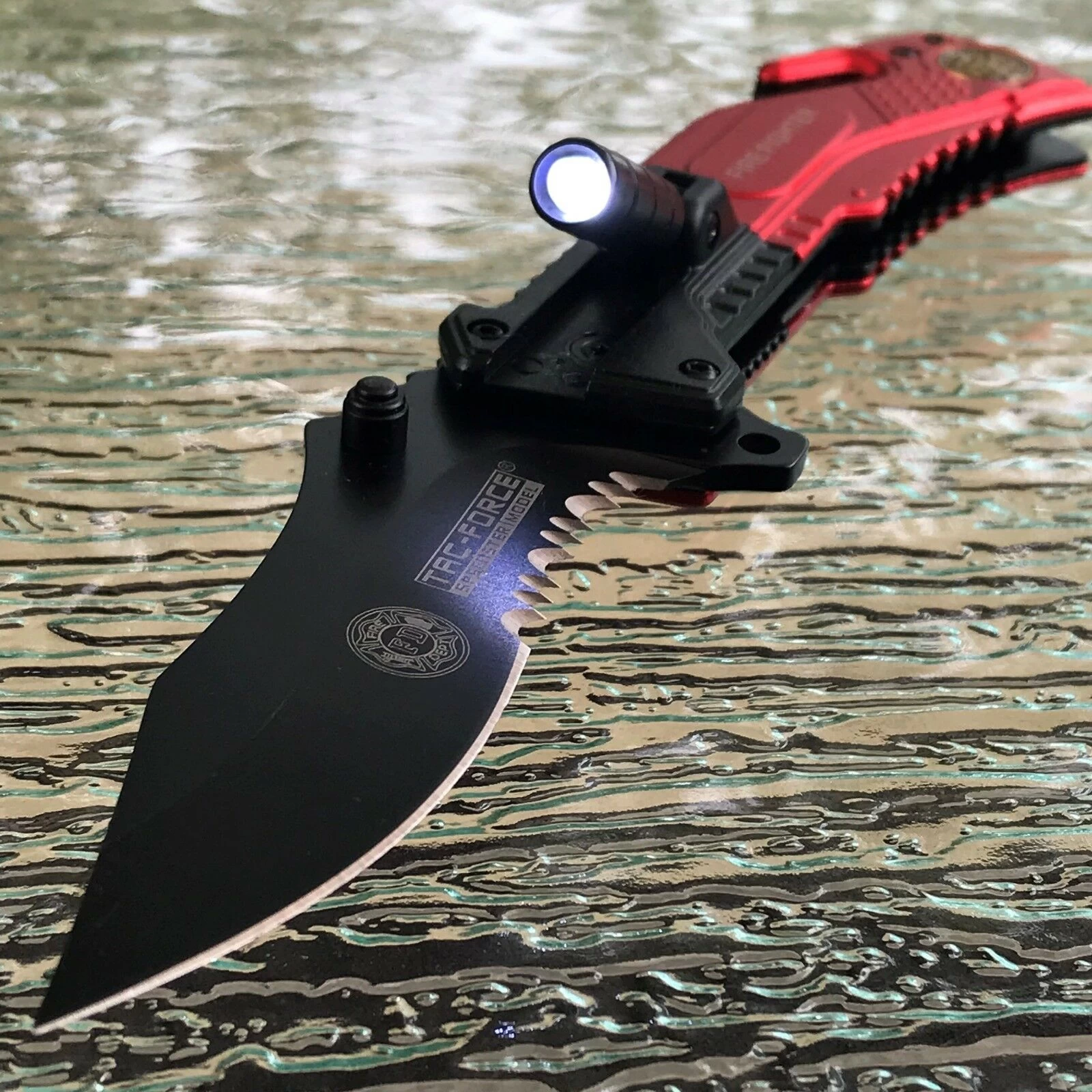 8" Tac Force Tactical Fire Dept Rescue Pocket Knife W/ LED Flashlight - Image 4