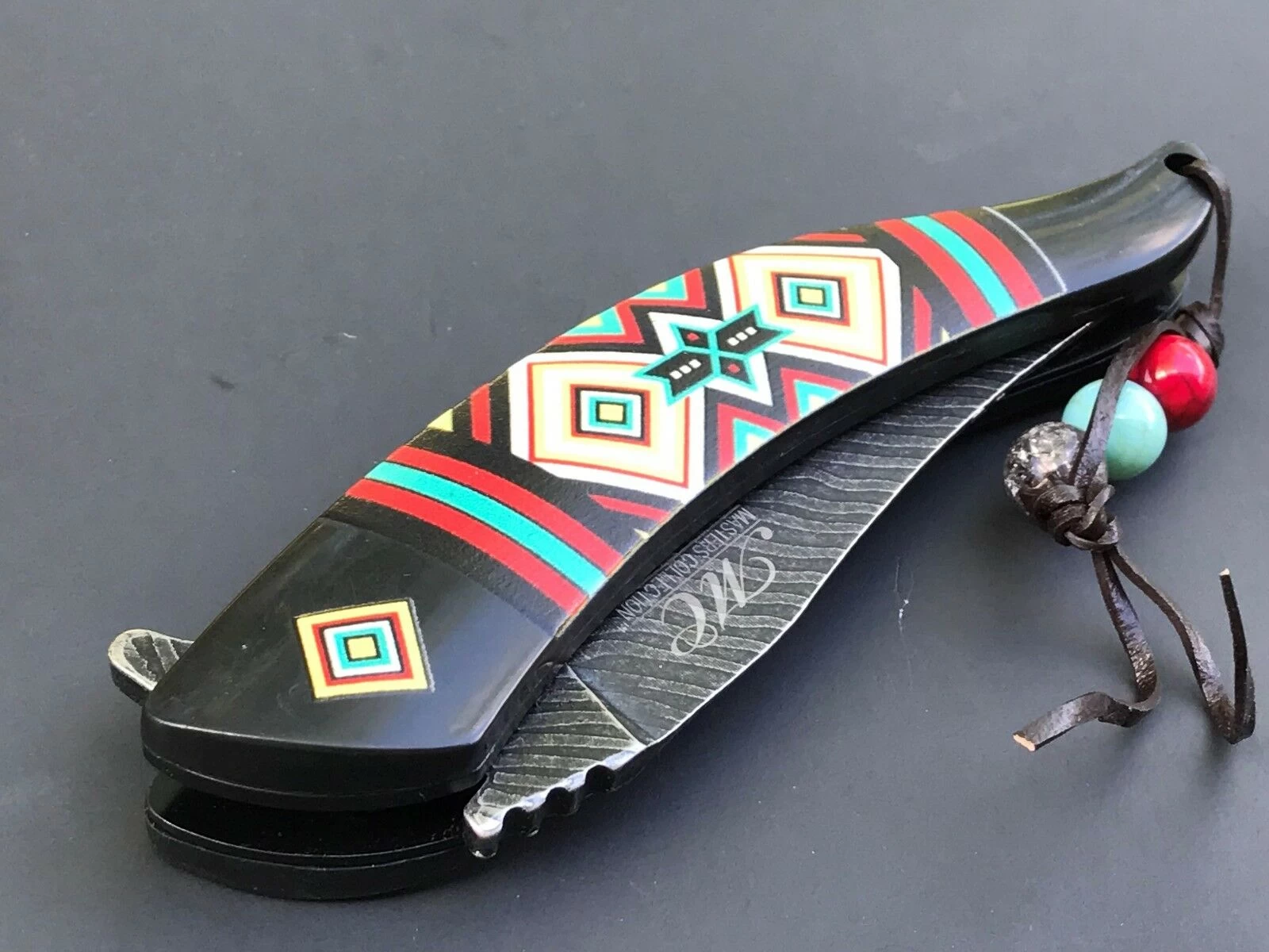 8.5" NATIVE AMERICAN BLUE AND RED SPRING ASSISTED DAMASCUS KNIVES - Image 8