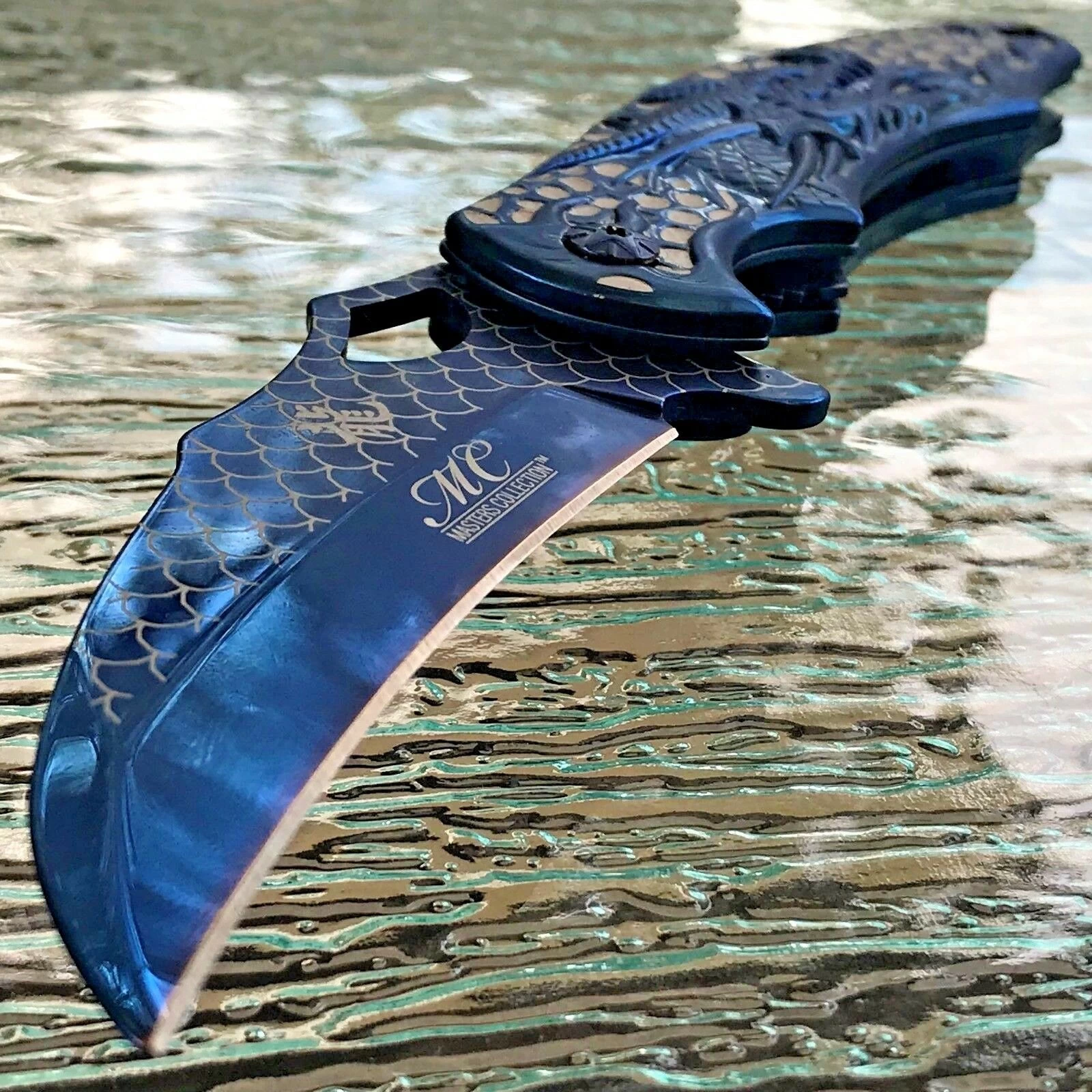 8.5" Blue Wave Dragon Fantasy Spring Assisted Tactical Folding Pocket Knife Open - Image 3