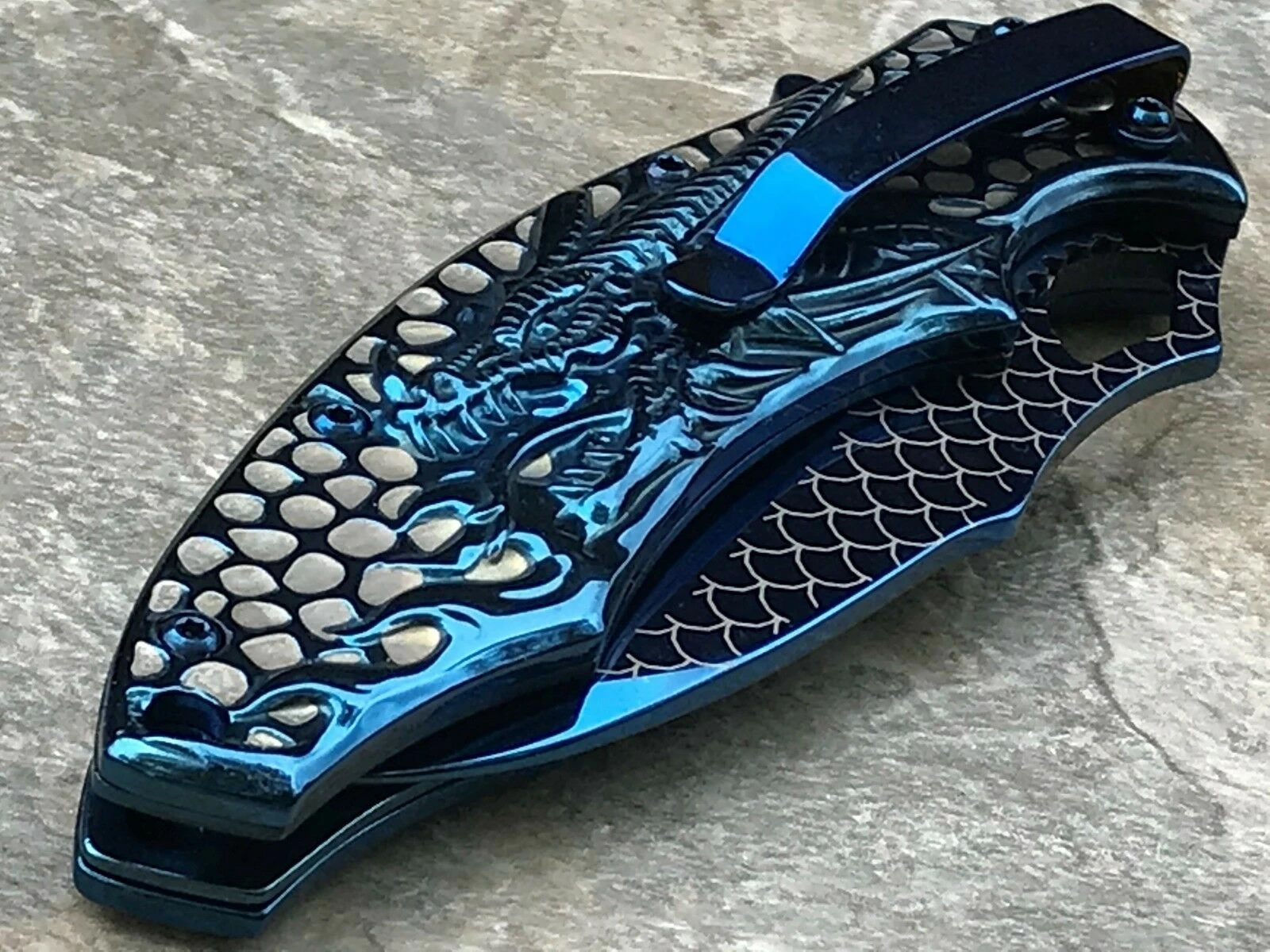 8.5" Blue Wave Dragon Fantasy Spring Assisted Tactical Folding Pocket Knife Open - Image 9
