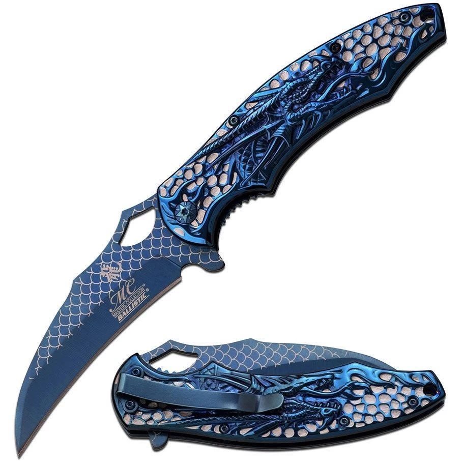 8.5" Blue Wave Dragon Fantasy Spring Assisted Tactical Folding Pocket Knife Open - Image 11