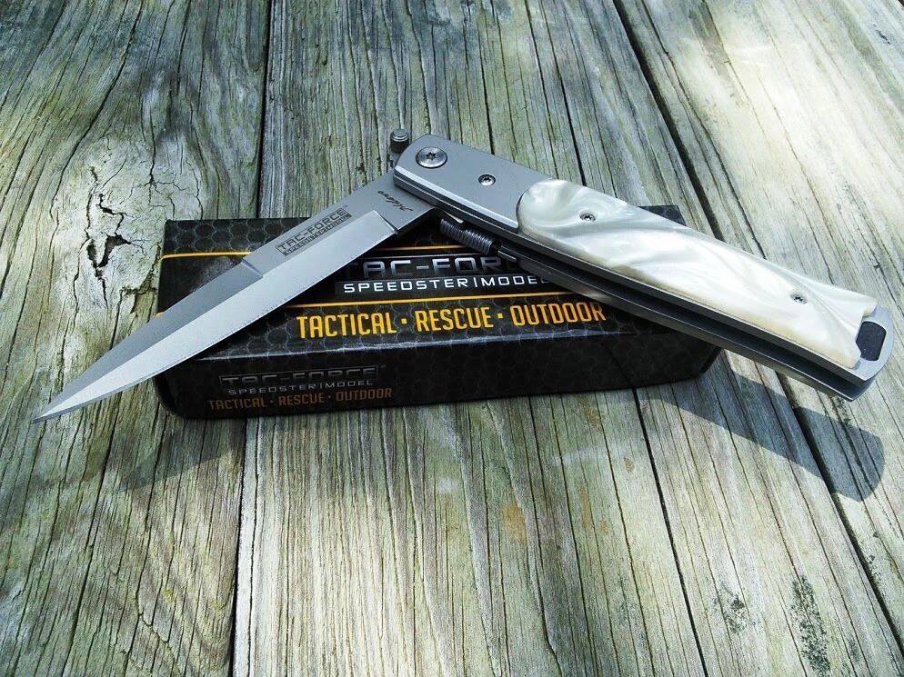 8" Tac Force Pearl Handle Stiletto Spring Assisted Folding Knife - Image 11
