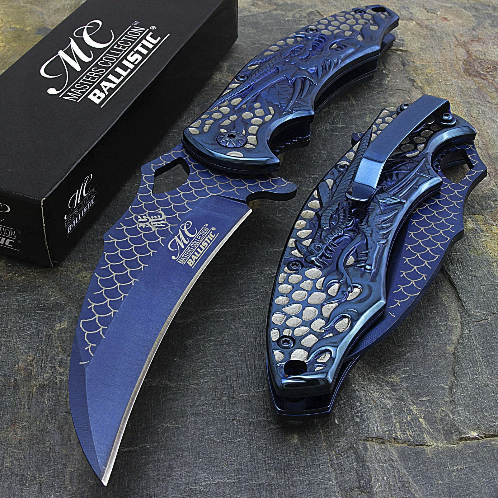 8.5" Blue Wave Dragon Fantasy Spring Assisted Tactical Folding Pocket Knife Open - Image 2