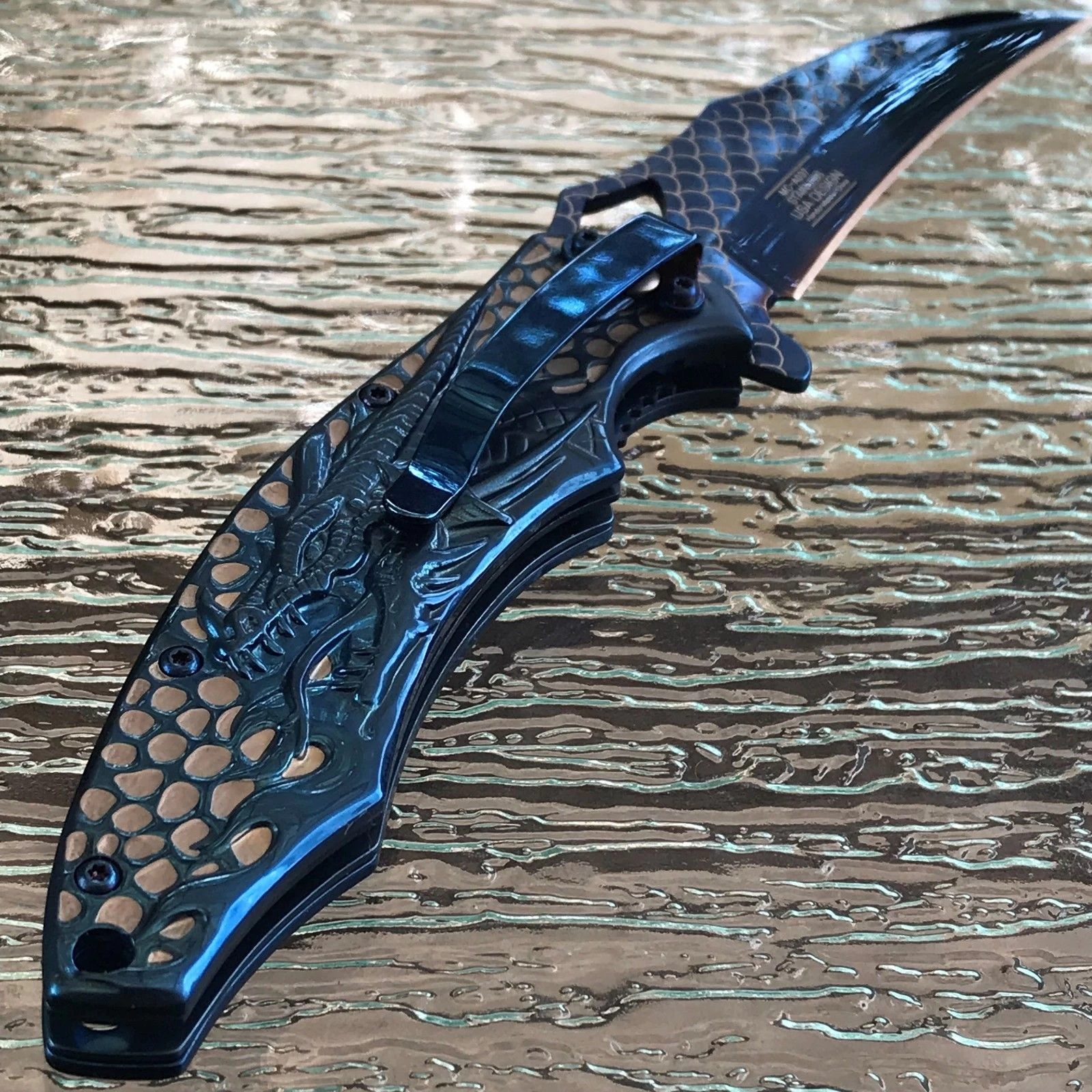 8.5" Blue Wave Dragon Fantasy Spring Assisted Tactical Folding Pocket Knife Open - Image 6