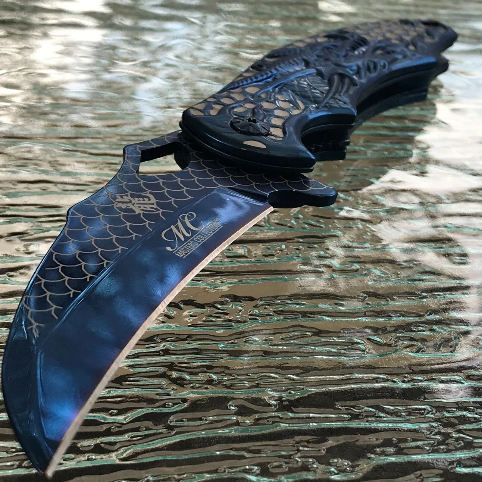 8.5" Blue Wave Dragon Fantasy Spring Assisted Tactical Folding Pocket Knife Open - Image 4