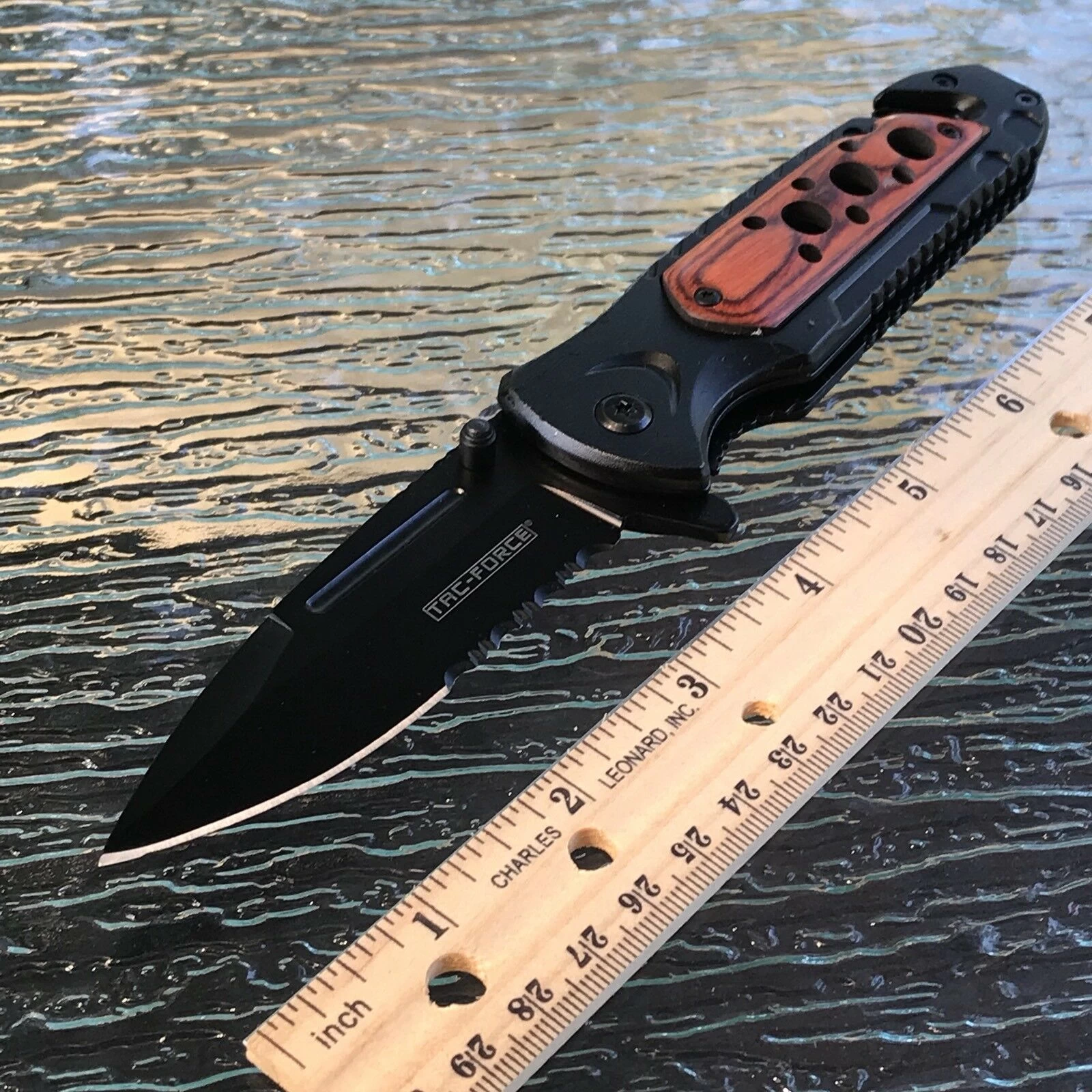 8" Wood Handle Spring Assisted Tactical Serrated Pocket Knife Blade Open Tac - Image 2