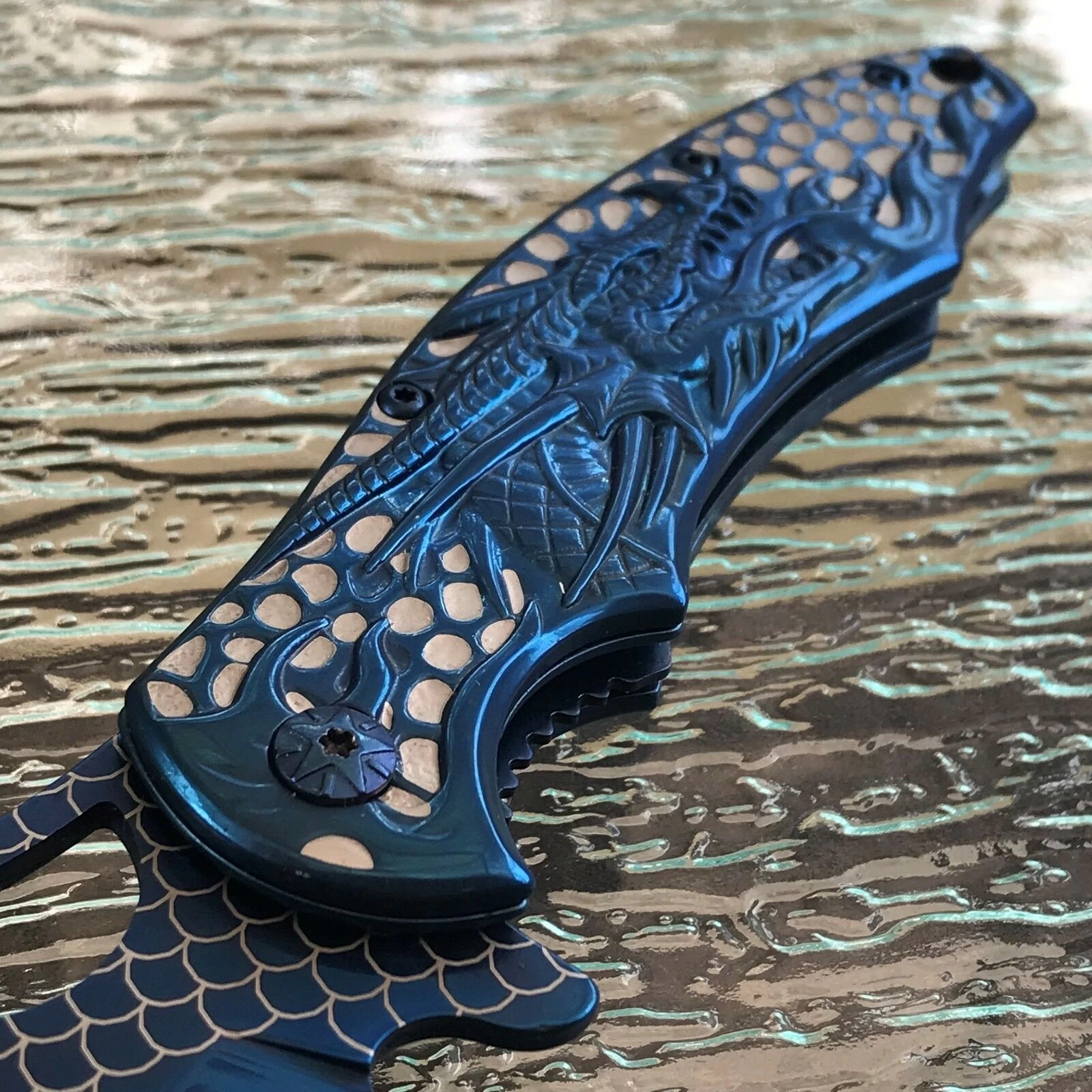8.5" Blue Wave Dragon Fantasy Spring Assisted Tactical Folding Pocket Knife Open - Image 7