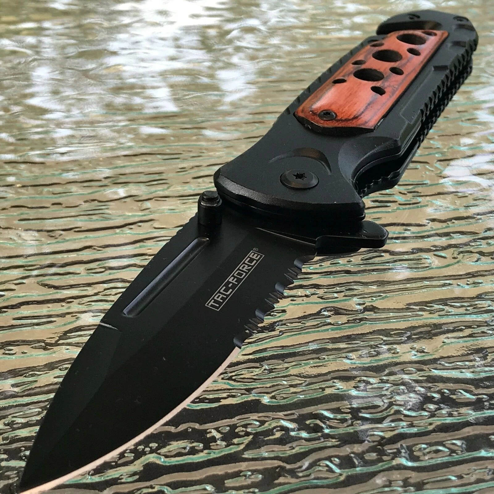 8" Wood Handle Spring Assisted Tactical Serrated Pocket Knife Blade Open Tac - Image 3